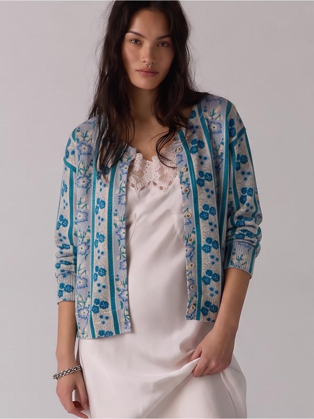 Free People Nocturnal Cashmere Cardi Cardigan Sweater Cottage Blue Floral XL - Picture 9 of 15